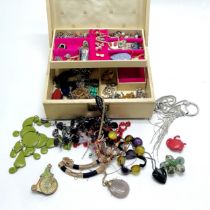 Cream vintage jewellery box containing qty of costume jewellery inc enamel pendant, penny farthing