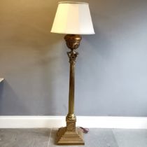 Antique Gilt brass, Corinthian column floor lamp, converted from oil lamp, complete with shade, base