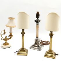 Pair of brass Corinthian column brass table lamps, silver plated and alabaster column lamp and a