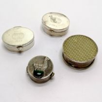 4 x silver pill boxes - 2 by SM, llama detail with malachite stone set & engine turned top (4.5cm