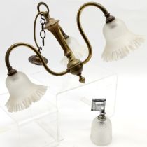 Vintage brass 3 branch electric light fitment with 3 glass shades with frilled edges measures 46cm