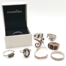 Pandora ring (in original box) t/w 6 x silver rings (inc Fiyah plume ring) & 2 unmarked rings inc