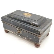 Antique japanned rectangular spice tin with original grater 17.5cm x 10cm x 9cm high. Has loses to
