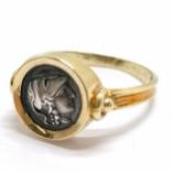 14ct marked gold silver greek coin antique style set ring - size O½ & 3.6g total weight