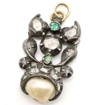 Antique diamond / emerald / pearl pendant with later unmarked gold bale - 3cm drop & 7.9g total
