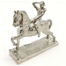 Vintage nickel car mascot in the form of horse & rider - 8.5cm high x 9cm across