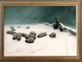 Oil Painting sheep & shepherd in the snow, J G 1927 58 cm wide, 43 high.