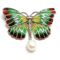 Silver plique a jour butterfly brooch / pendant with pearl drop - 4.5cm wingspan & 7.3g total weight