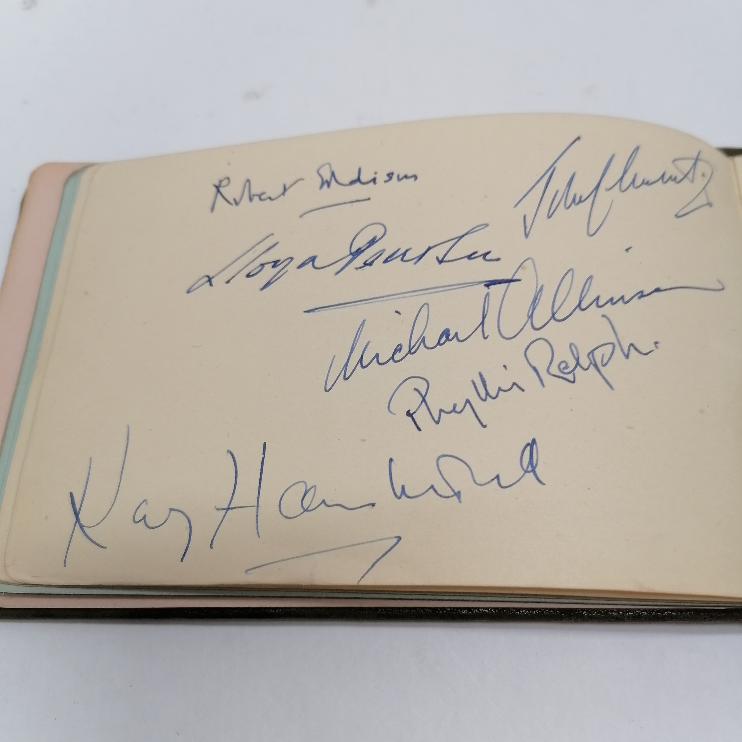 Vintage Autograph book with many signatures inc Peter Cushing, David Lean, Martha Raye, Gertrude - Image 15 of 33