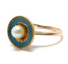 Antique unmarked gold childs ring with blue enamel & pearl detail - size D½ & 1.9g total weight