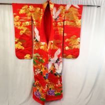 Oriental interlined kimono / robe with crane and gold decoration - very large size (200cm long &