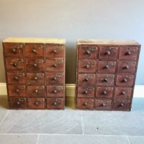 Pair of Antique apothecary drawer banks comprising 15 short drawers per bank, 70 cm wide x 26 cm