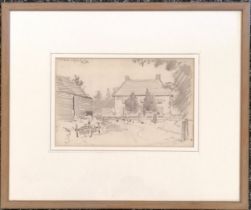Framed 1922 pencil drawing of a farmyard by George Charles Haite (1855-1924) - frame 26.5cm x 32cm