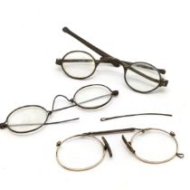 Pair of antique unmarked silver spectacles with double folding arms - 10.5cm across t/w 2 pairs of