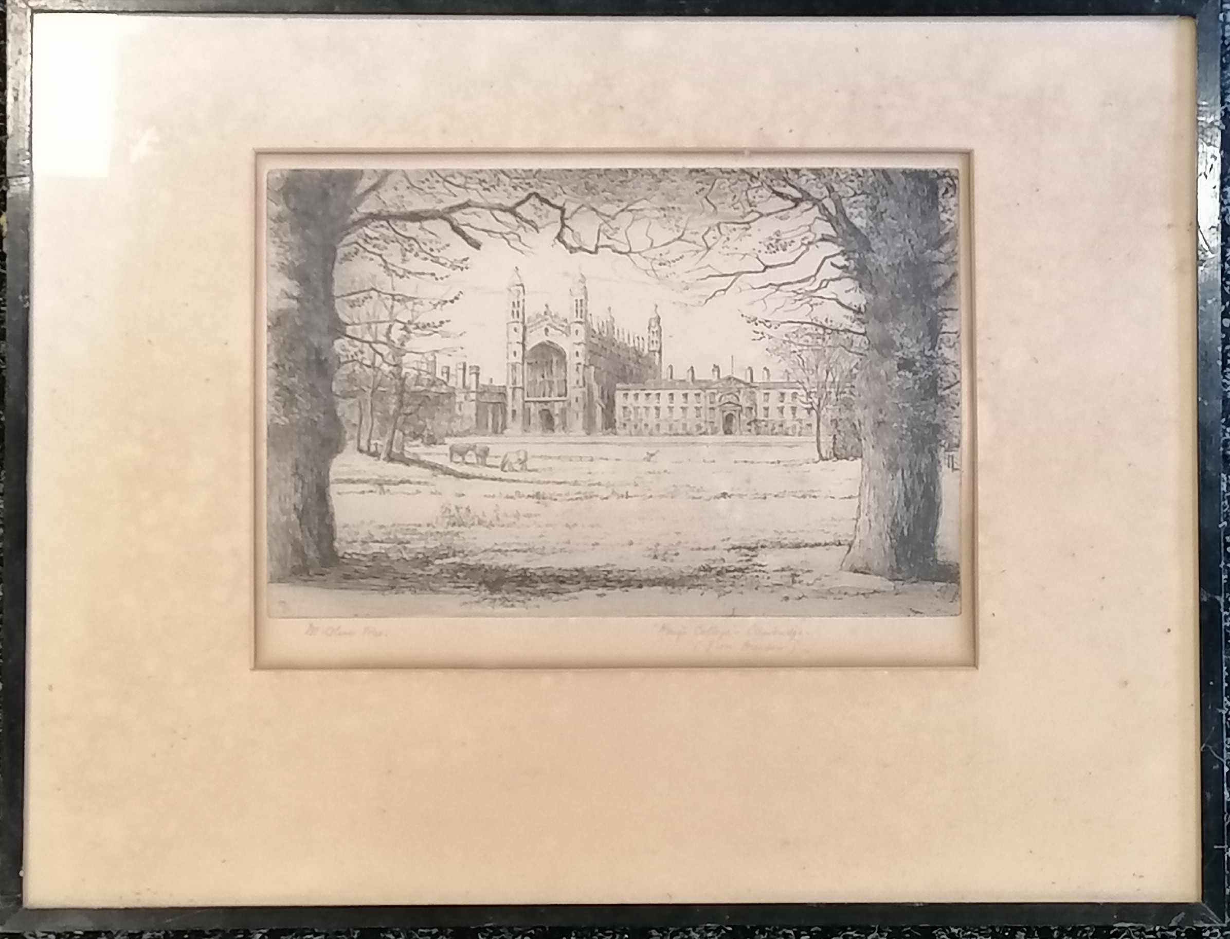 Framed engraving of Kings college Cambridge signed by Mabel Oliver Rae (1868-1954) - frame 36cm x