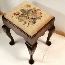 Mahogany framed tapestry top stool on cabriole legs, 36 cm wide, 32 cm deep, 45 cm high. in good