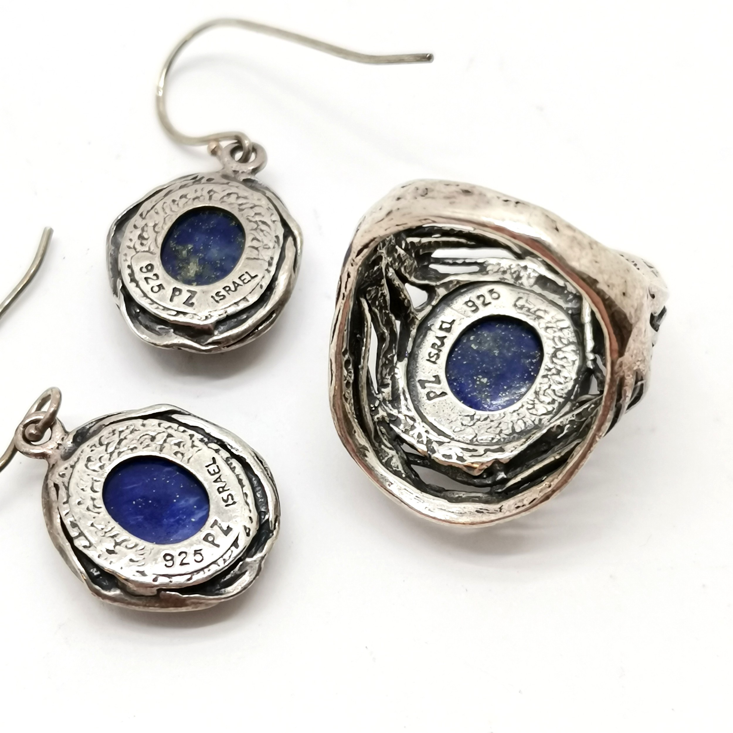 Israel silver lapis set ring (size O)/ earrings / cuff bangle by Paz - total weight 34g - Image 2 of 2