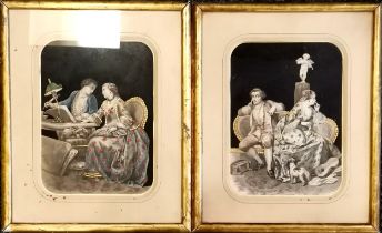 Pair of antique framed 3d decoupage paper scenes of seated figures with gold embellishments, some