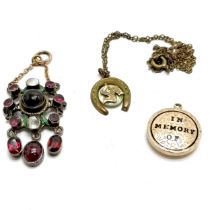 Antique pendant set with garnets & mother of pearl with enamel detail (5cm drop) t/w In memorium