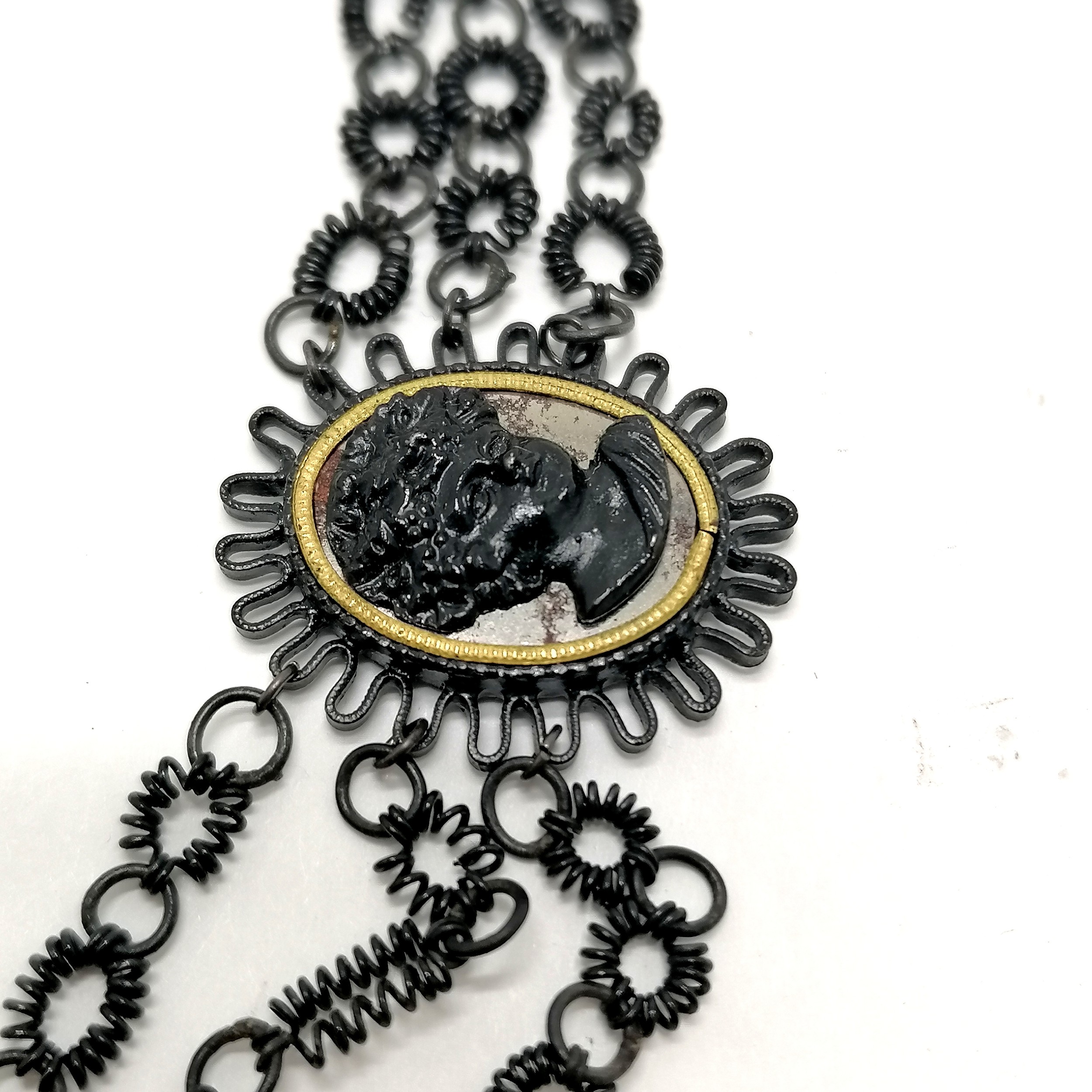Antique Georgian Grand Tour japanned steel cameo panelled necklace with triple strand design in - Image 5 of 9