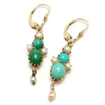 Pair of 9ct marked gold harlequin drop earrings set with turquoise & pearl - 4.2cm drop & 4.1g total