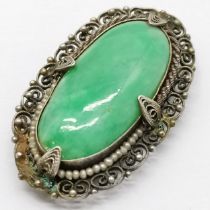 Antique Chinese silver & jade clip - 3.5cm across and has makers marks to reverse ~ 9.3g total