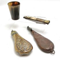 Antique leather & brass shot case, brass powder flask (a/f), antique skinning knife (with obvious
