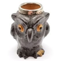 1897 Doulton Lambeth stoneware owl vesta / match holder ? with Chester silver collar by Cornelius