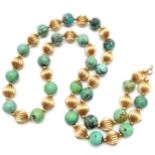 Turquiose / unmarked 14ct gold bead necklace with 14ct marked gold clasp - 72cm & total weight 119g