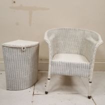 White painted loom style bedroom chair, 59 cm wide, 57 cm deep, 67 cm high, good used condition, t/w