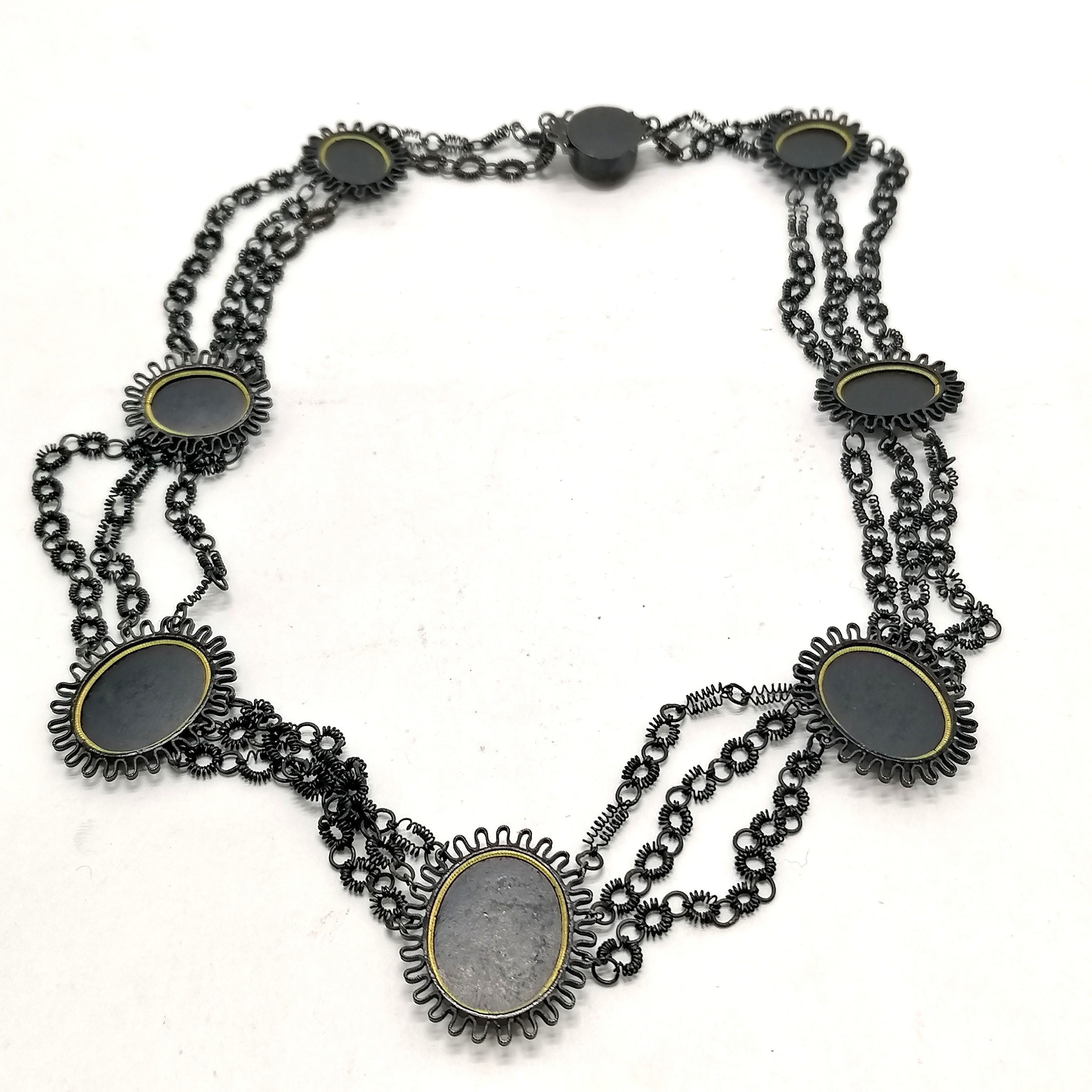 Antique Georgian Grand Tour japanned steel cameo panelled necklace with triple strand design in - Image 2 of 9