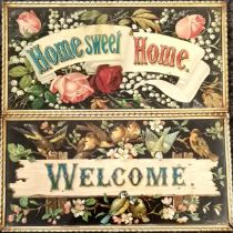 Pair of Victorian gilt framed prints 'Home Sweet Home' & 'Welcome' 53cm x 27cm - 1 edge of the frame