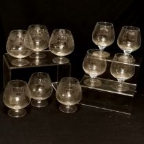 Set of 6 cut glass brandy schooners with etched decoration 12cm high T/W 4 other brandy