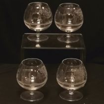 Set of 4 large brandy glasses with etched decoration depicting a courting couple 13cm high - no