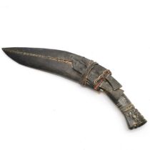 Vintage Kukri knife and leather scabbard, with a horn handle with brass and steel inlay, total