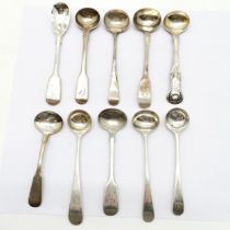 10 x antique silver mustard / condiment spoons inc Exeter, Scottish provincial (?) etc - longest
