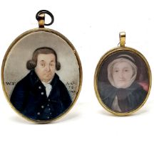 2 x antique portrait miniatures - largest of a gentleman in blue coat (painted on card) dated 1797