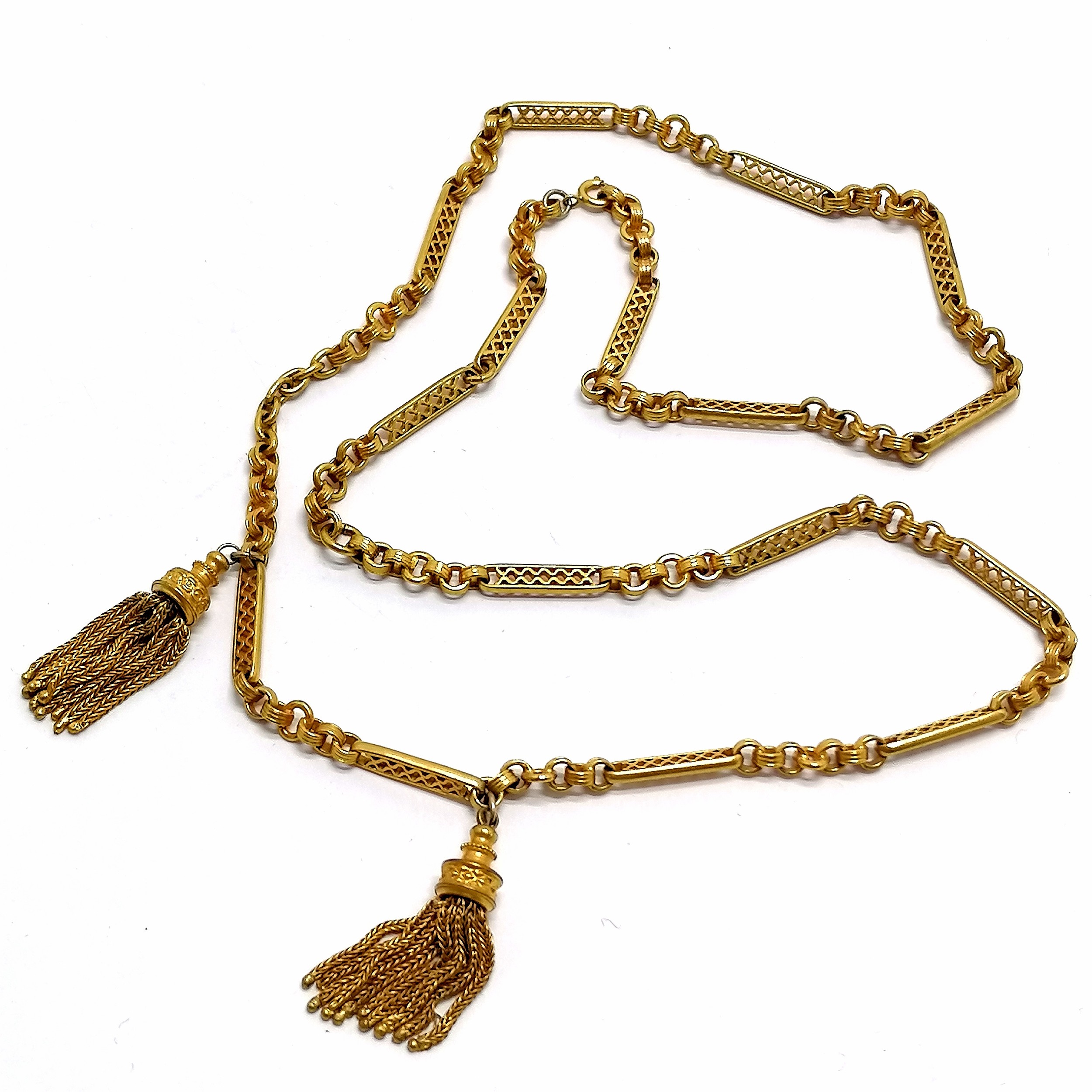 Antique fancy link gilt metal neckchain with 2 tassel detail - 60cm long & no obvious damage - Image 2 of 2