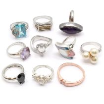 10 x silver rings inc Fiorelli, amethyst, multi stone set & large ring (size Z+1) etc - total weight