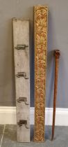 Coatrack with 4 brass hooks, 93cm x 10cm, used condition, t/w carved panel, 100cm x 8cm and a