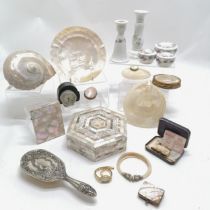 Quantity of Mother of Pearl items incl. Jerusalem religious carved dish, early 19thC christening