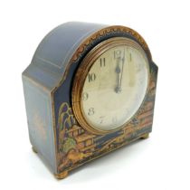 Antique blue grounded Chinoiserie decorated clock with French movement - 14.5cm high ~ runs BUT WE