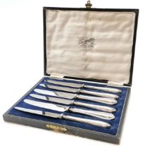 Cased set of silver handled butter knives, 2 of the knives have the handles coming apart