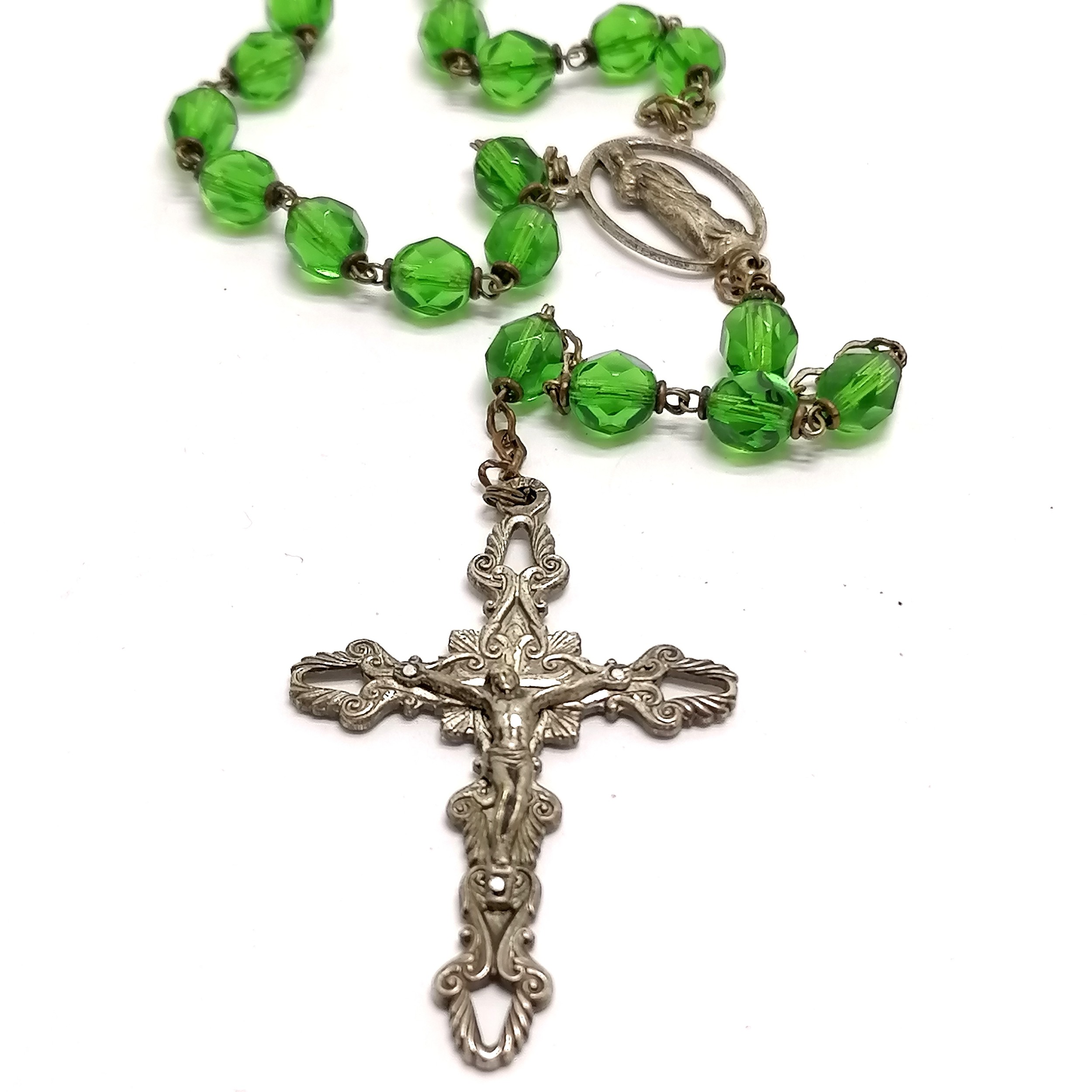 2 x rosaries inc green glass beads & 1 with reliquary (60cm long + 17cm crucifix drop) - Image 2 of 2