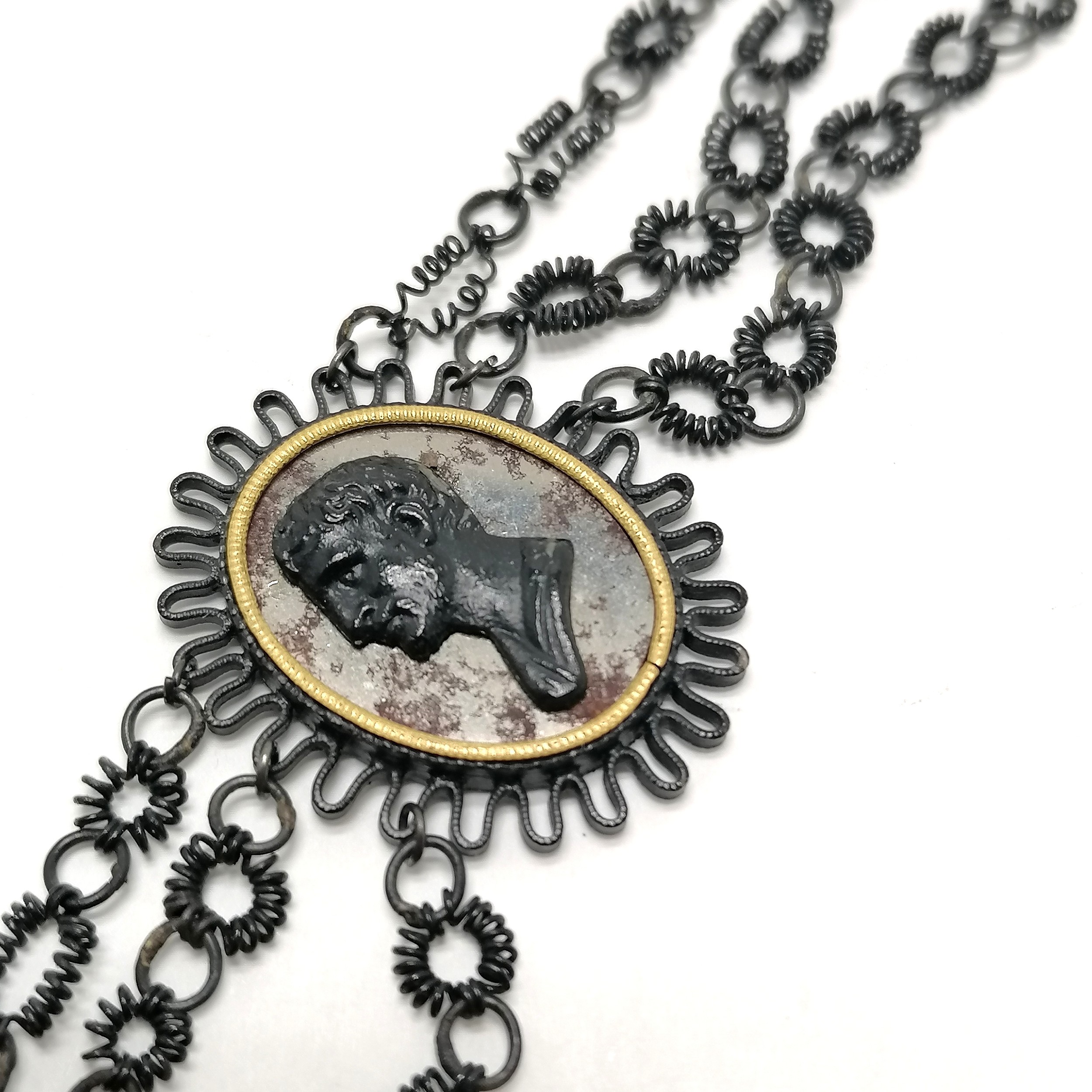 Antique Georgian Grand Tour japanned steel cameo panelled necklace with triple strand design in - Image 6 of 9