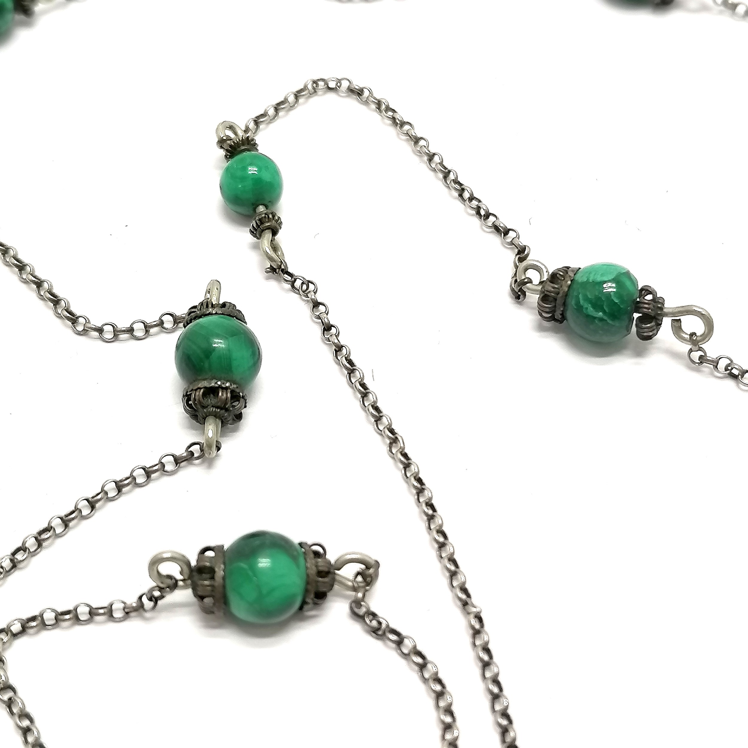 Antique unmarked silver languard chain with malachite bead detail - 138cm & 24g total weight ~ has