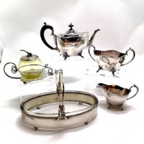 Vaseline glass preserve pot in plated stand, 3 piece plated tea set and vegetable tureen with
