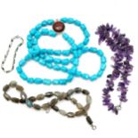 Double strand of turquoise beads with silver and hardstone clasp (48cm), amethyst necklace,