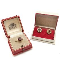 Pair of 9ct hallmarked gold garnet / pearl cluster earrings t/w 9ct marked gold garnet ring (size Q)