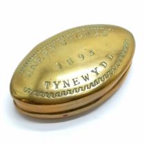 1893 Tynewydd mining brass pocket box belonging to Harry Thomas - 7cm & has obvious dents